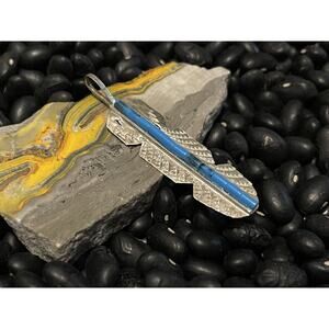 Native Sterling Silver Blue Turquoise Beaded Feather Pendant Arrowhead Stamped